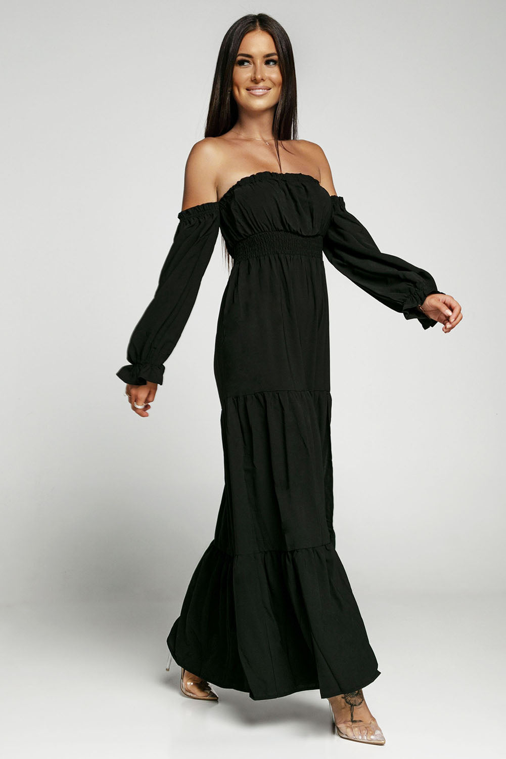 off-shoulder smocked split tiered maxi dress