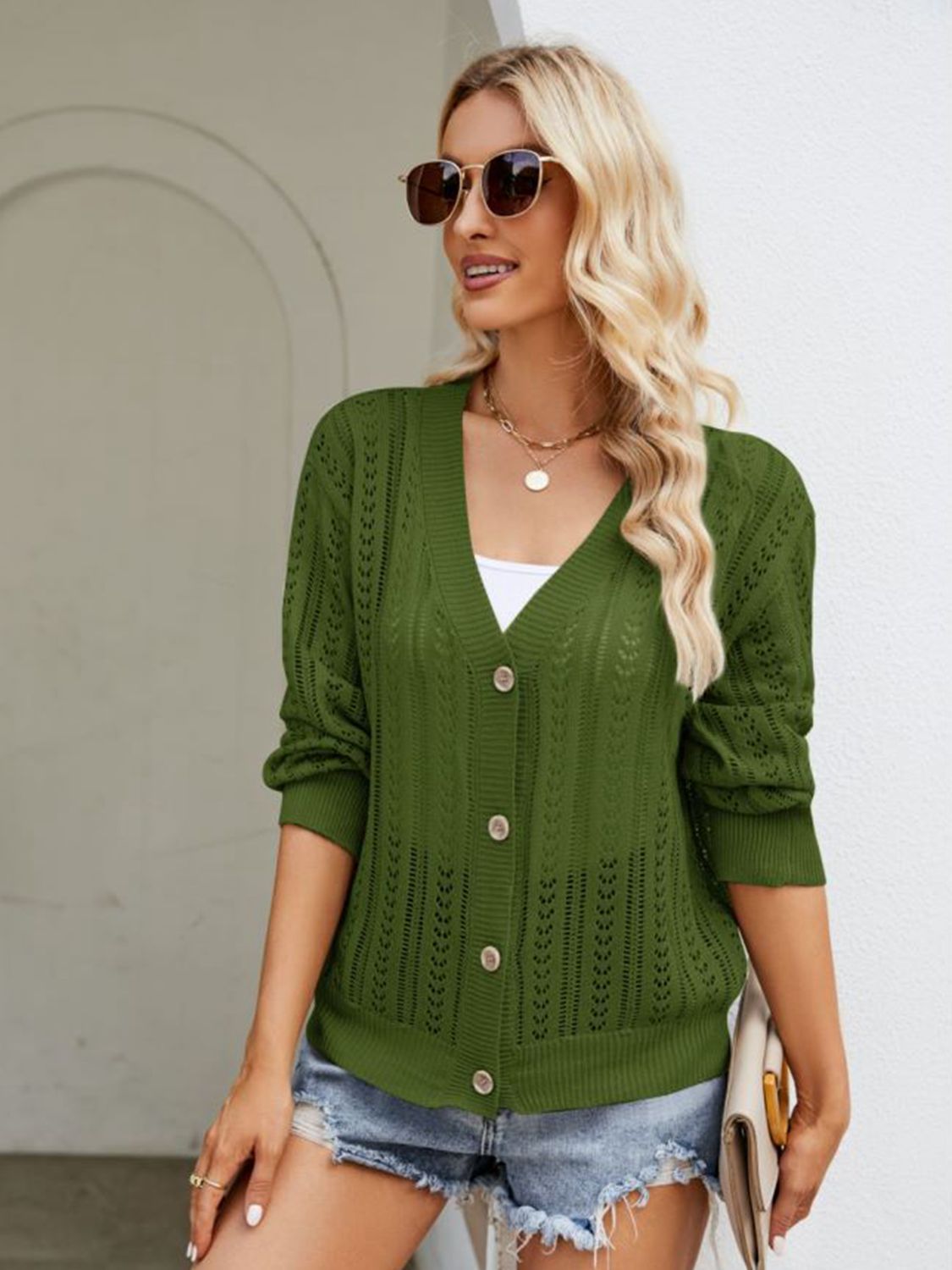 button down ribbed trim cardigan