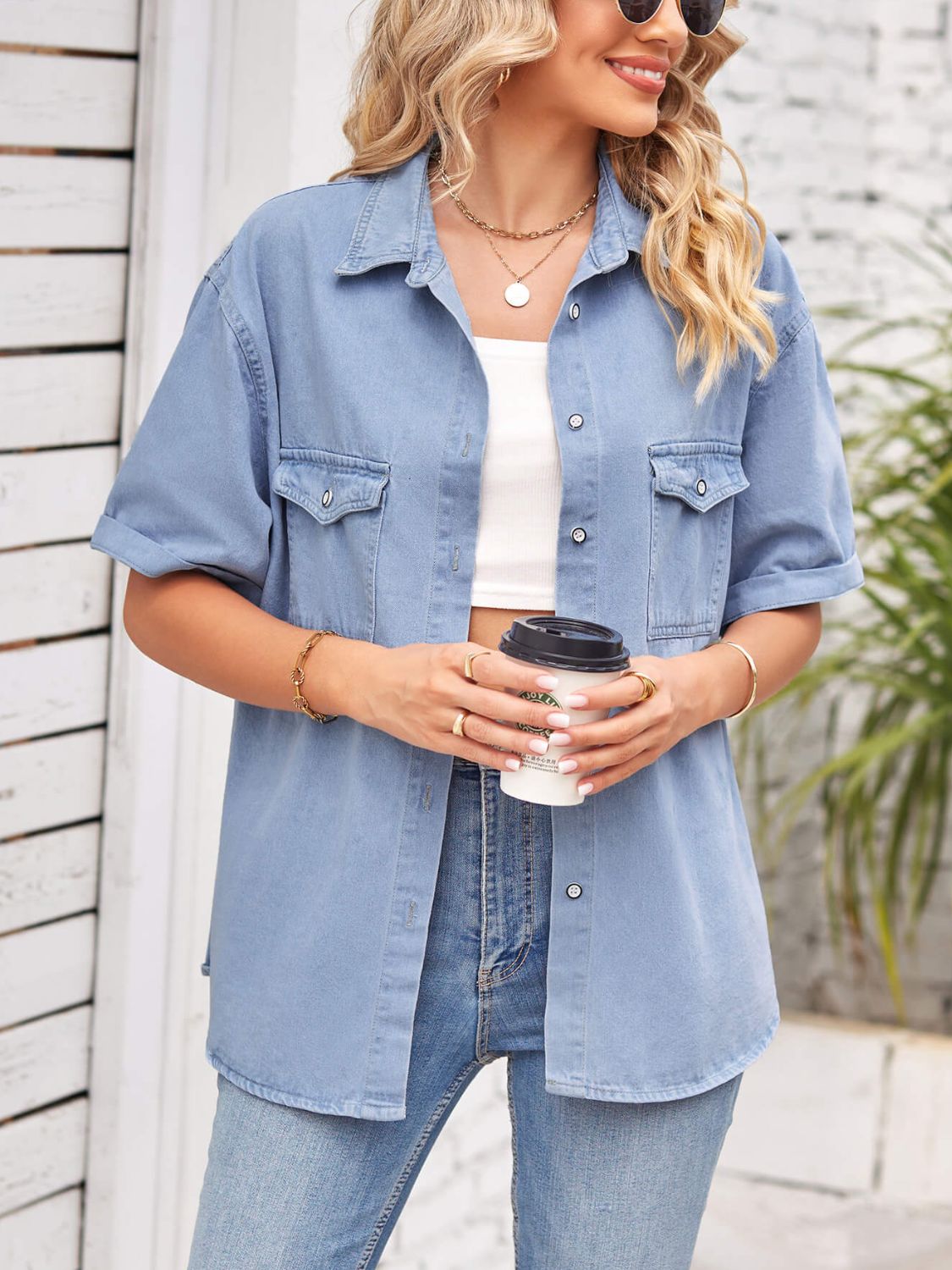 collared neck short sleeve denim jacket