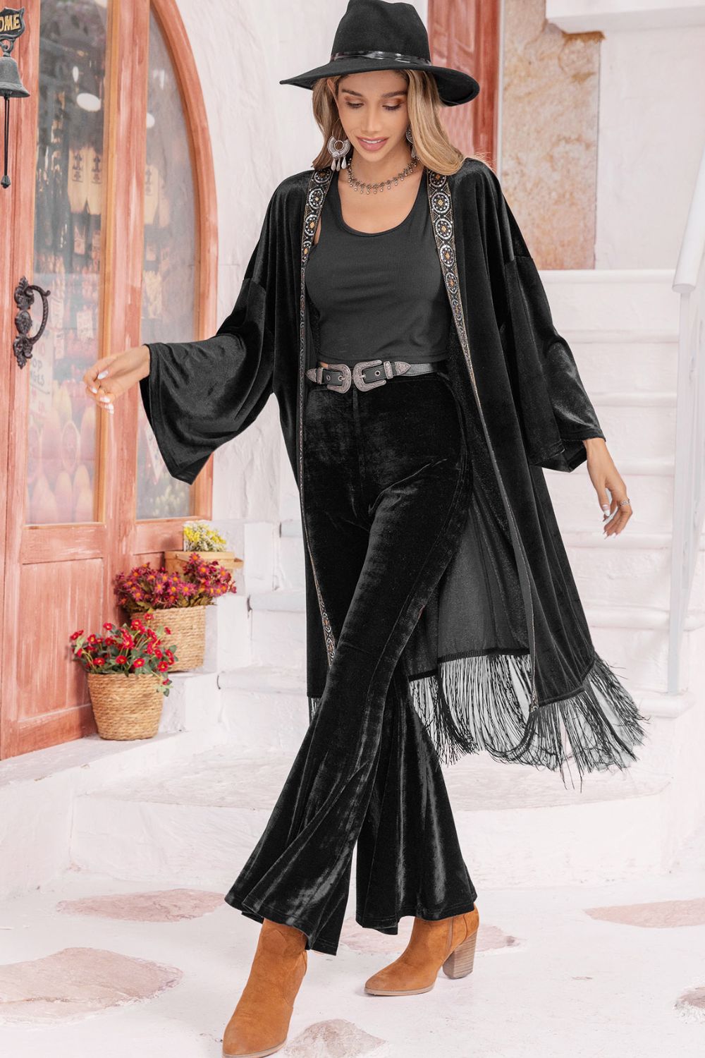 opne front fringe detail long sleeve cardigan