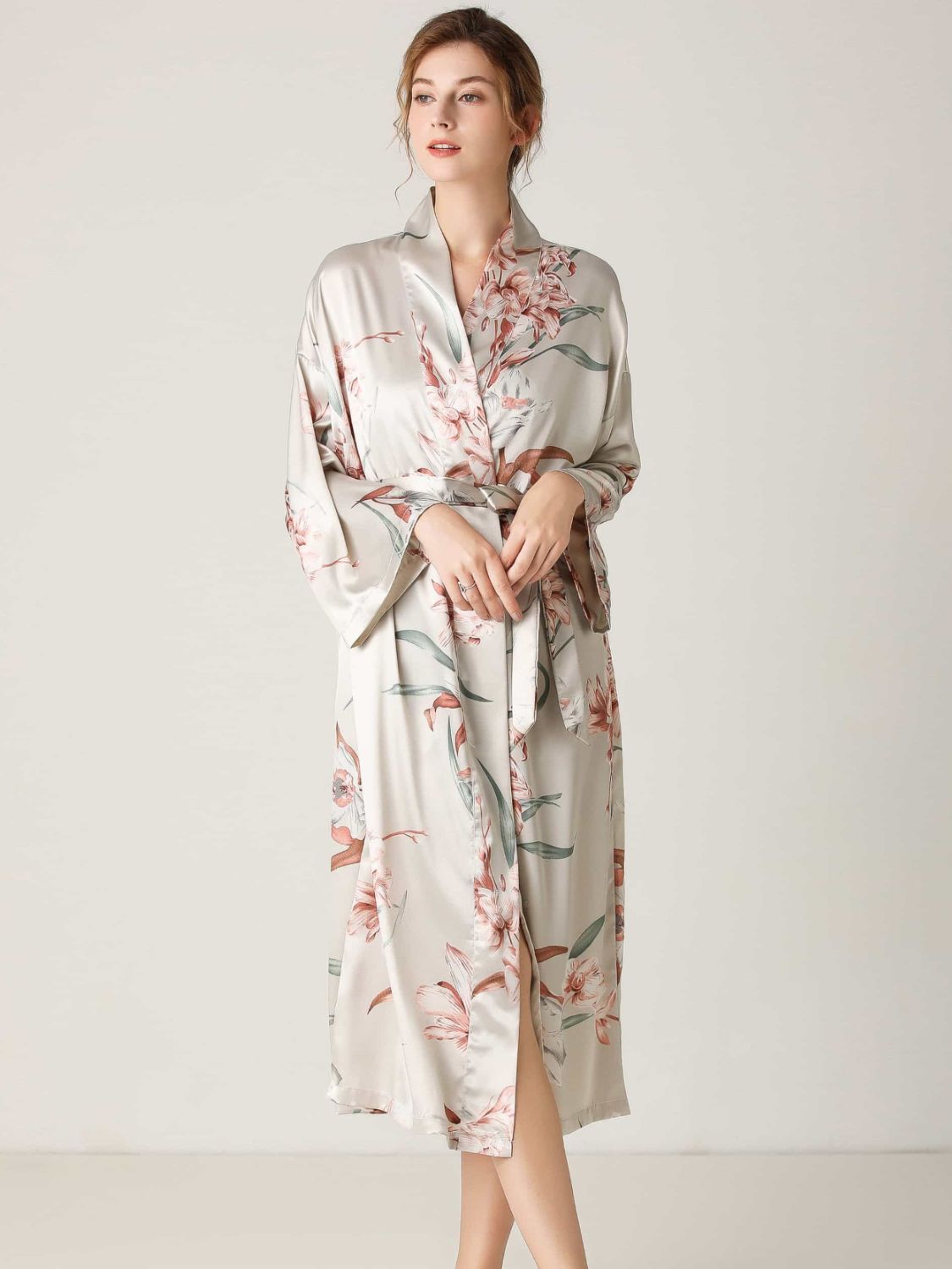 floral tie waist long sleeve robe