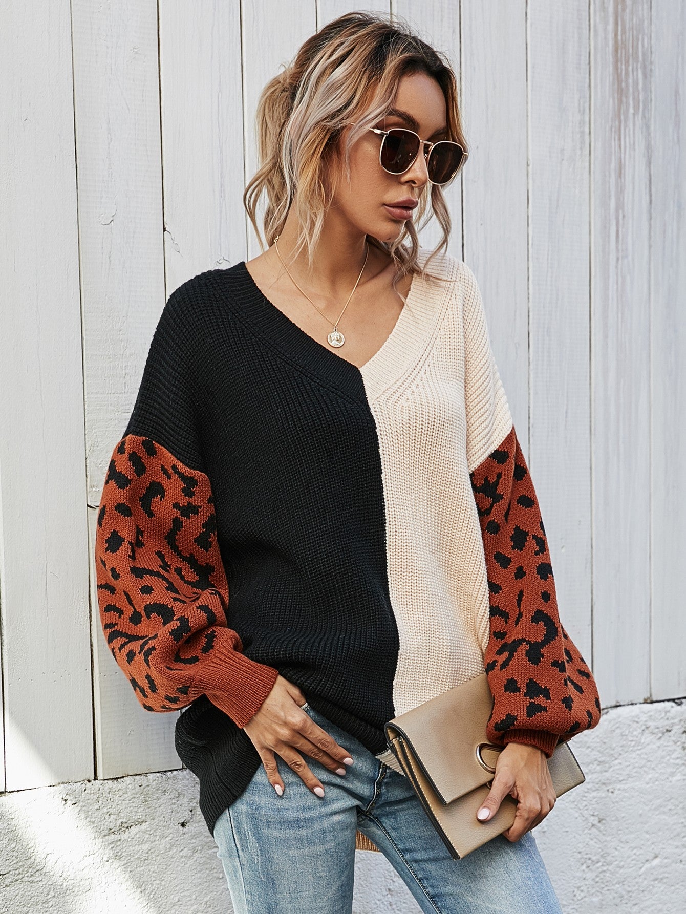 woven right leopard color block v-neck tunic pullover sweater