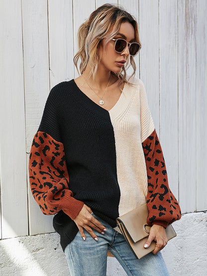 Woven Right Leopard Color Block V-Neck Tunic Pullover Sweater