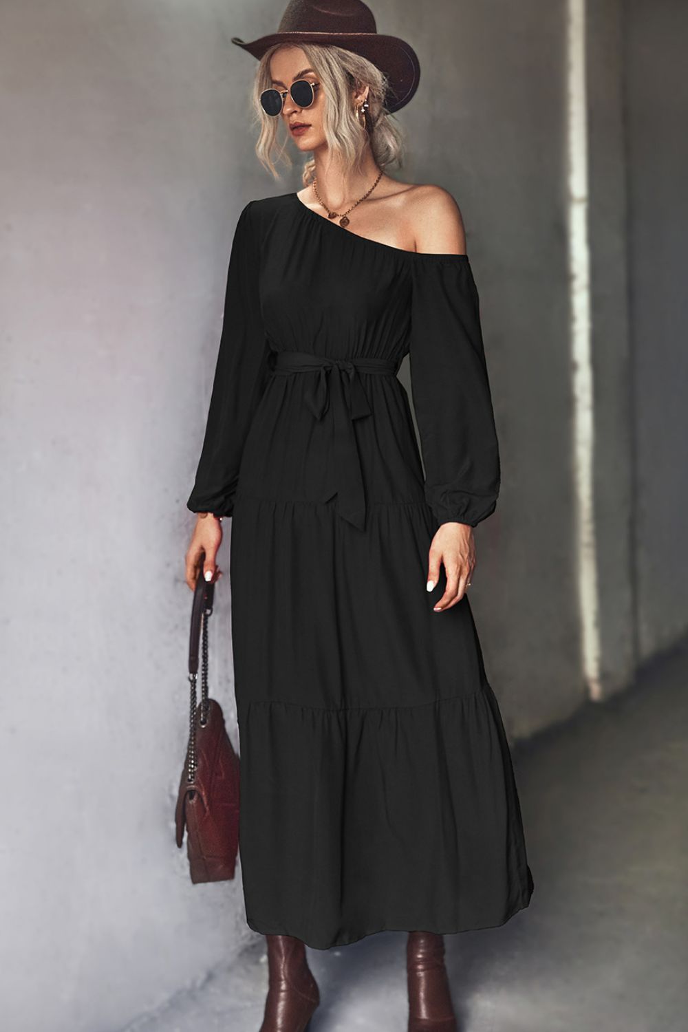 belted one-shoulder tiered maxi dress