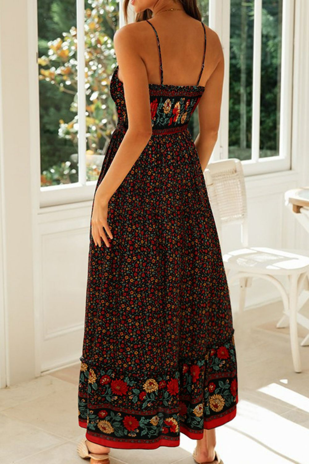 bohemian spaghetti strap frill trim maxi dress