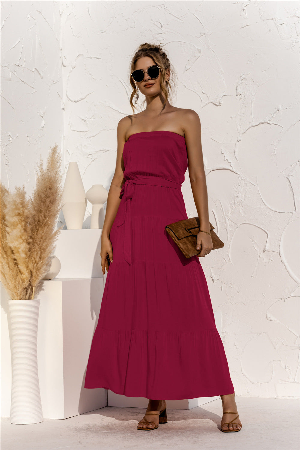 strapless tie waist tiered maxi dress