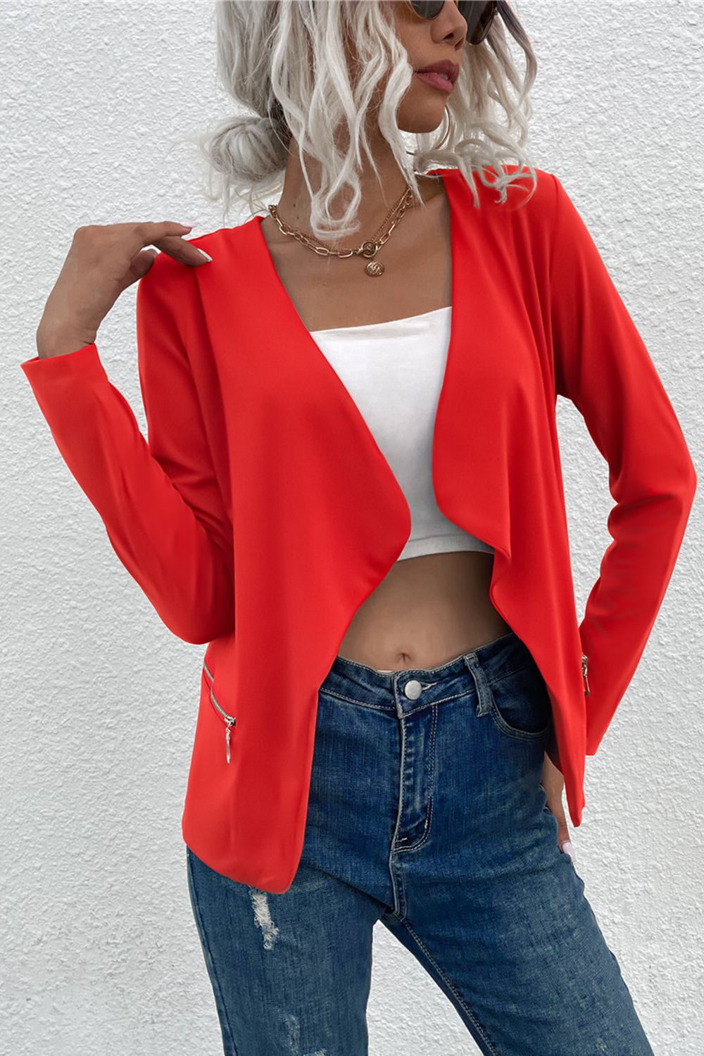 open front zipper pocket cardigan