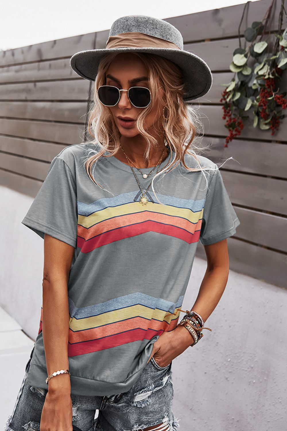 multicolored chevron stripe round neck side slit t-shirt