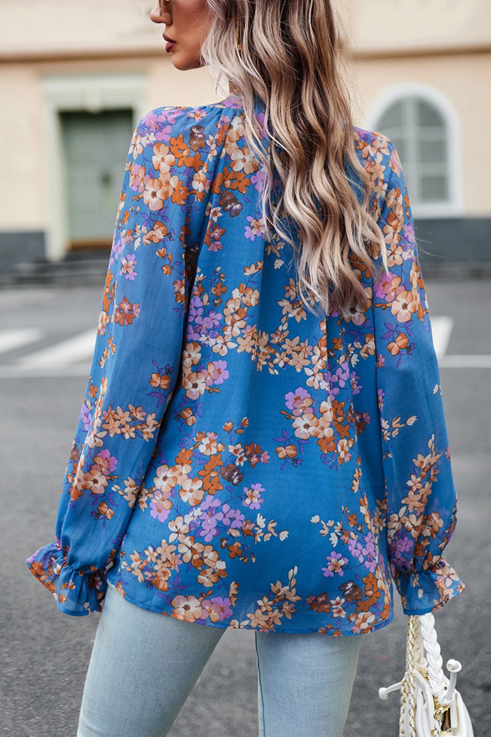 floral print flounce sleeve blouse