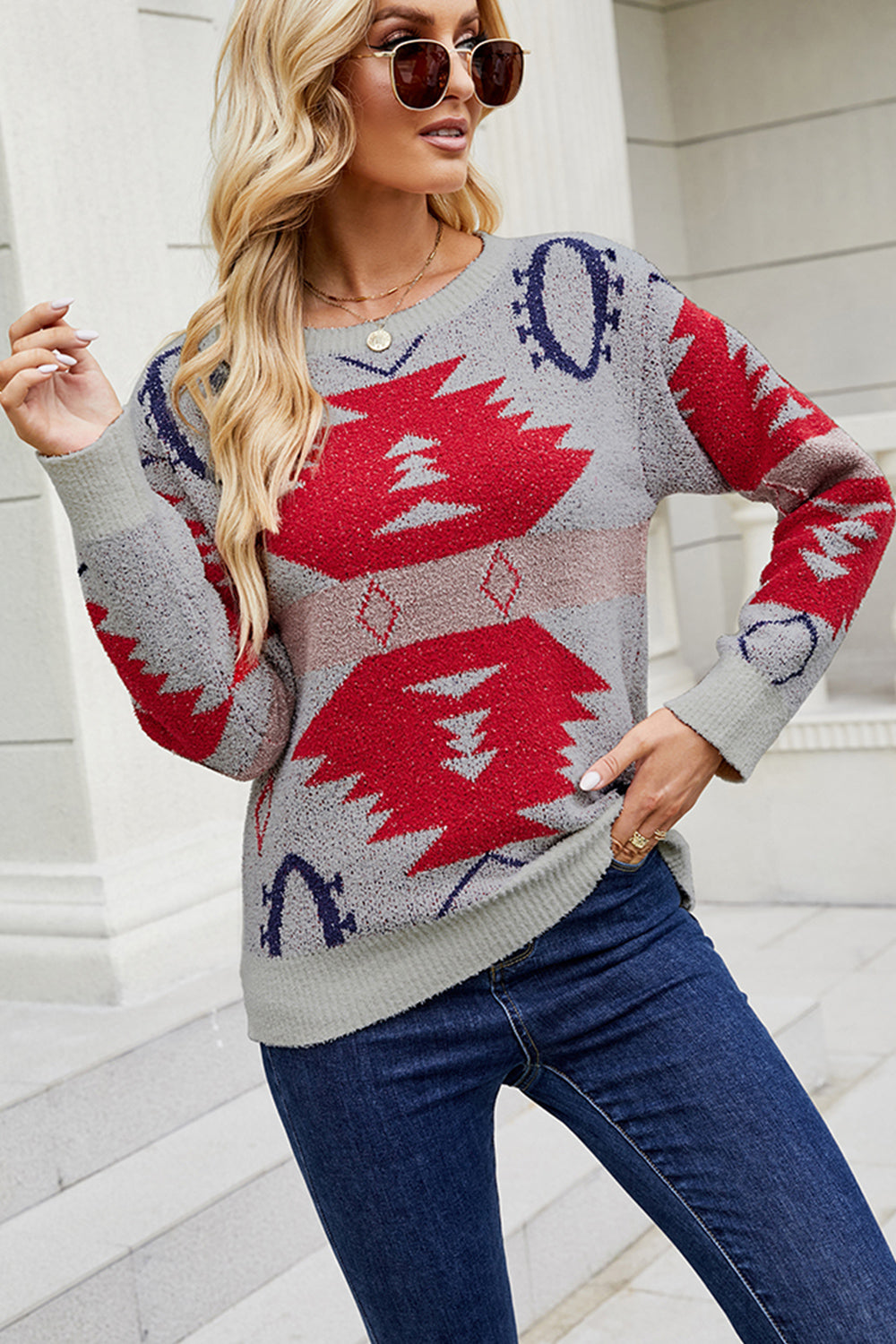 printed round neck long sleeve sweater