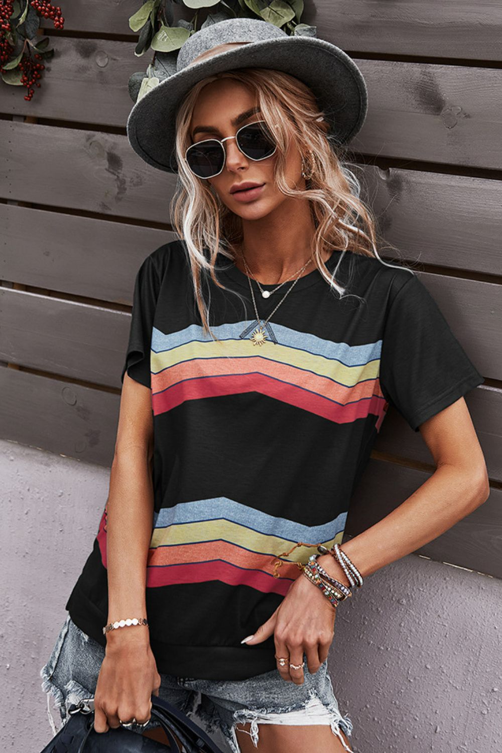 multicolored chevron stripe round neck side slit t-shirt