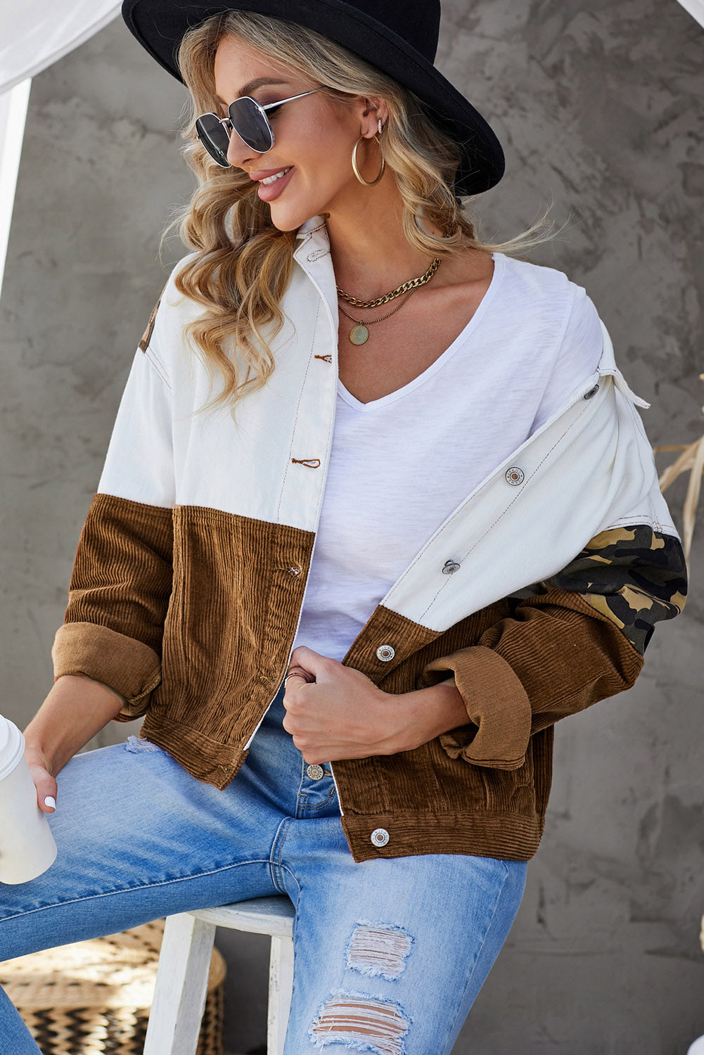 leopard color block button-up corduroy shacket