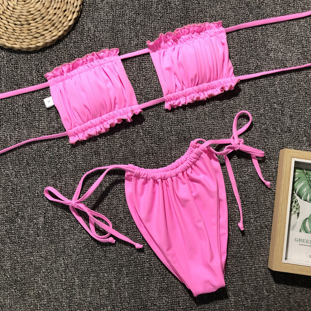 frill trim ruched bikini set