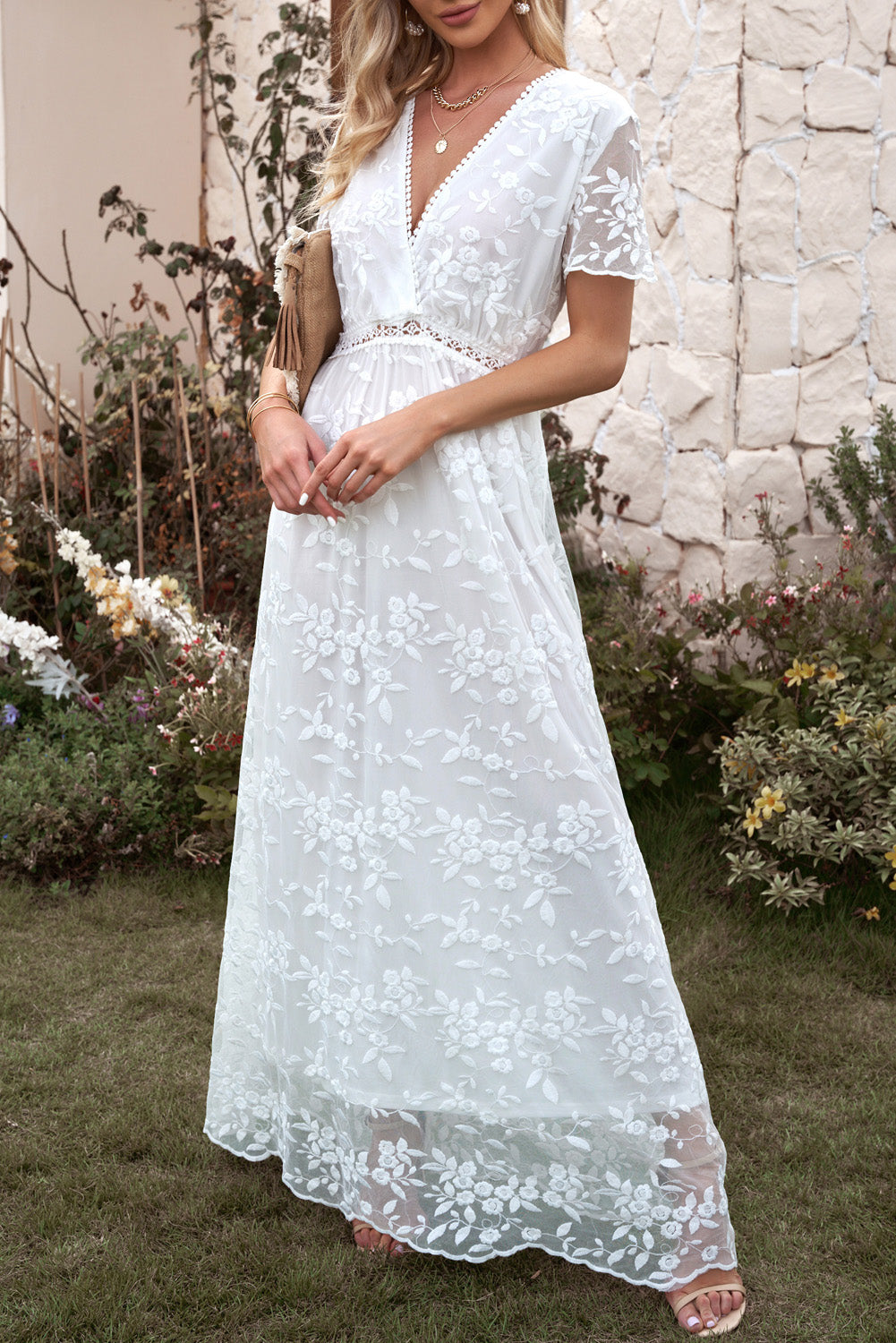 embroidered short sleeve surplice neck maxi dress