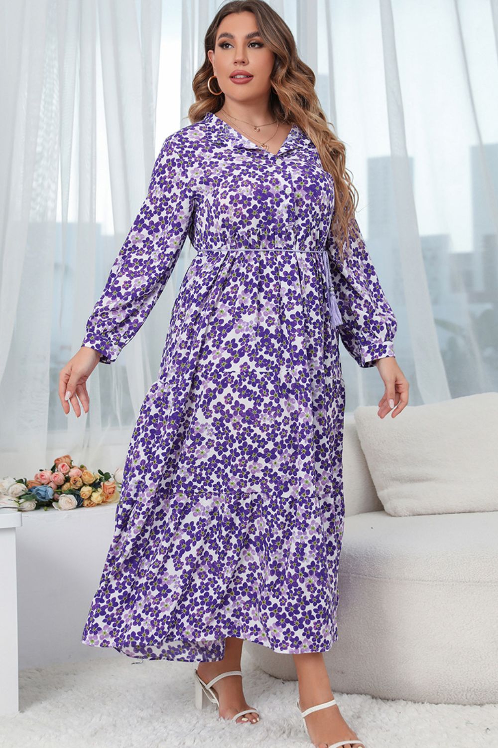 plus size printed mock neck buttoned maxi dress