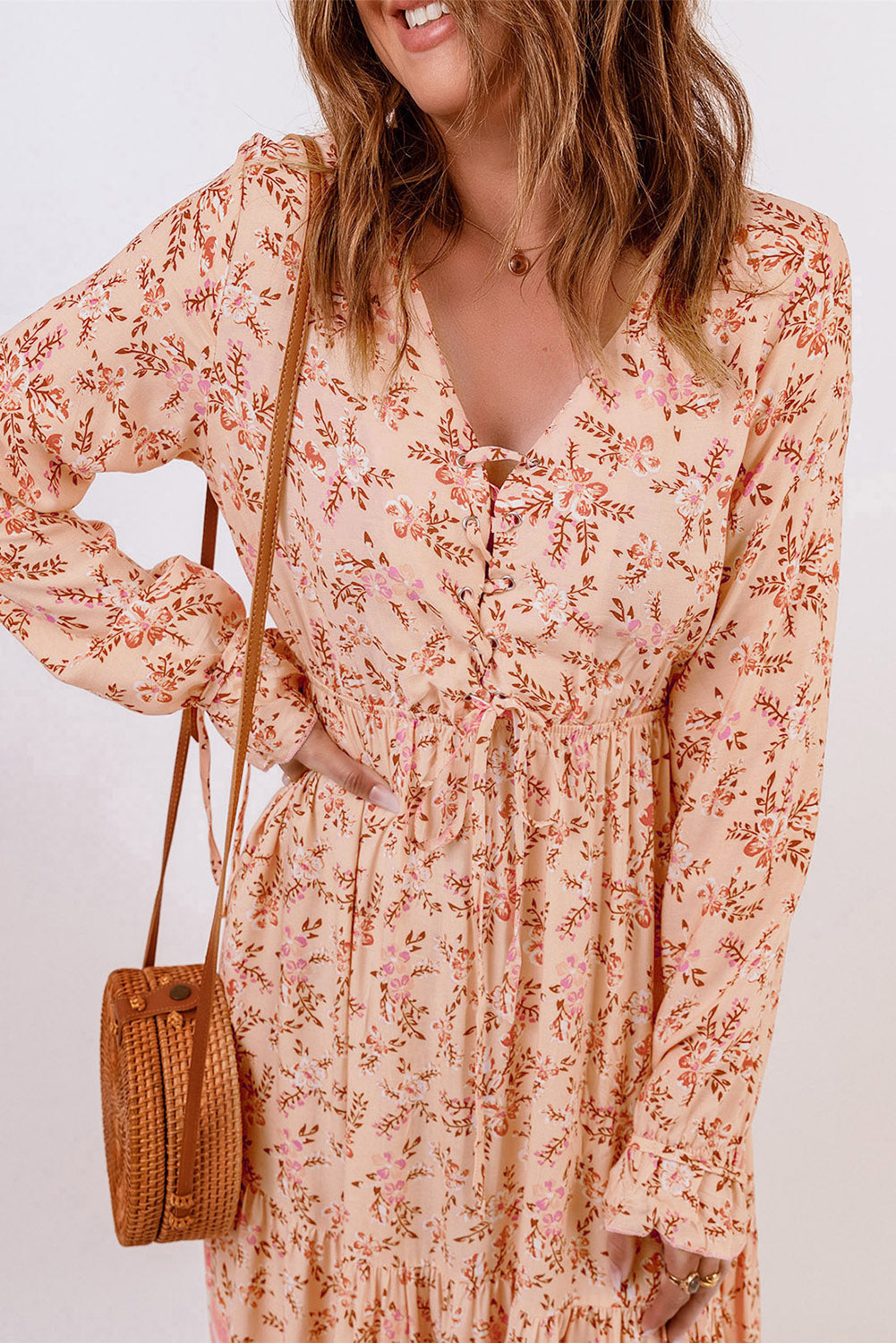 bohemian lace-up long sleeve maxi dress