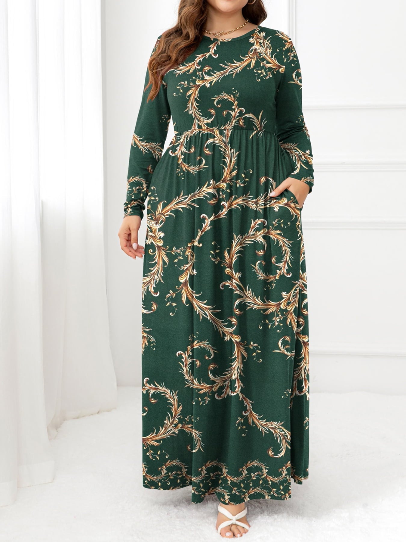 plus size round neck maxi dress with pockets