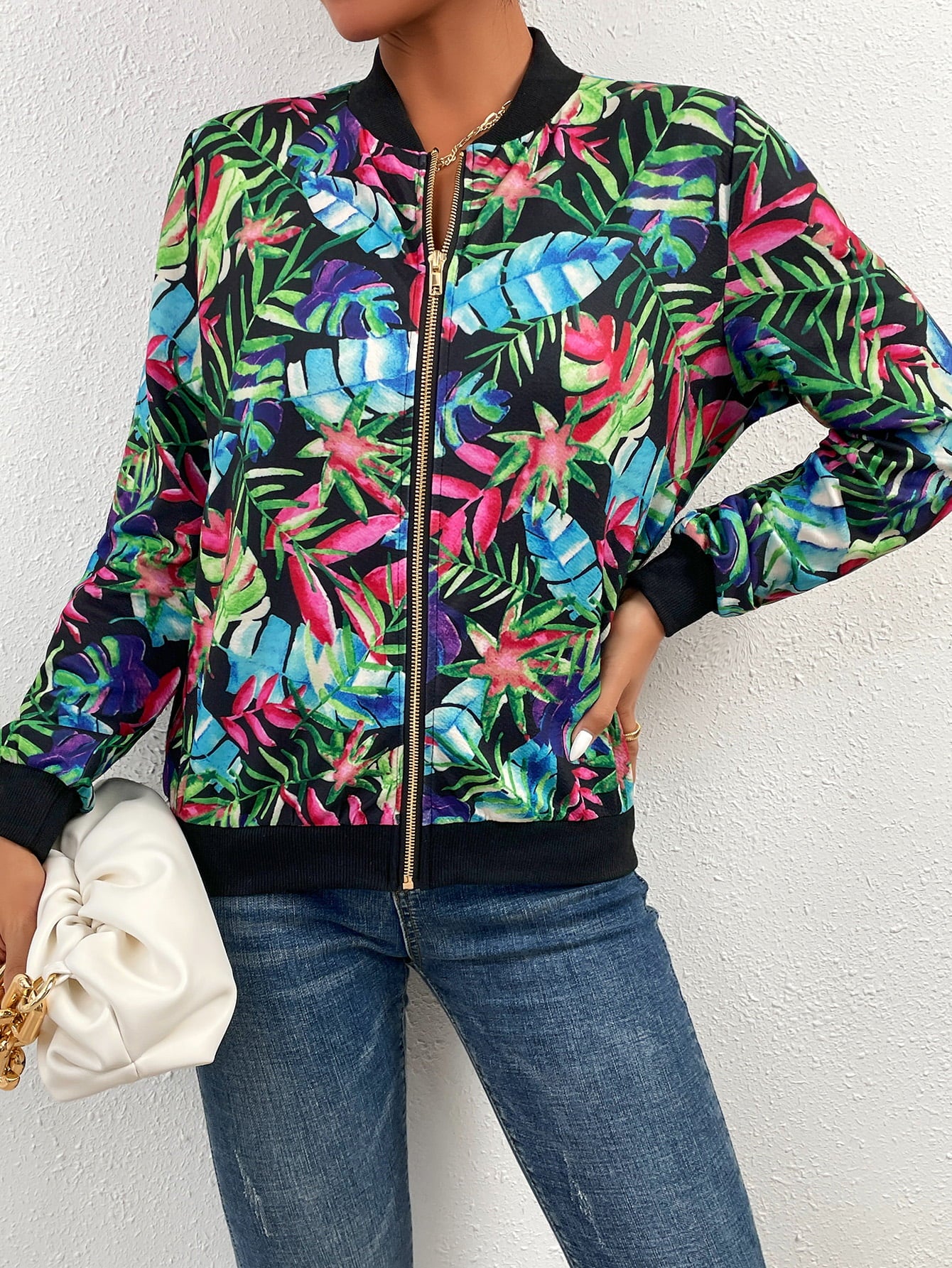 printed zipper-up long sleeve jacket