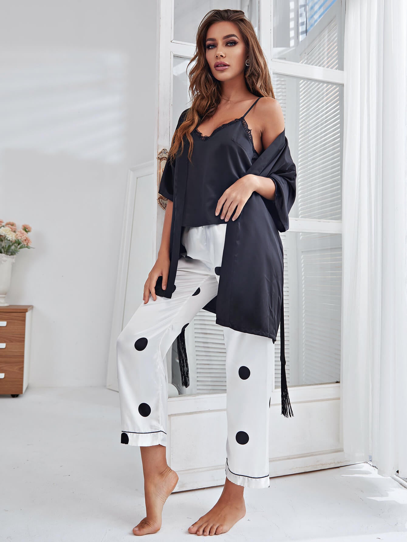 cami, robe, and printed pants pajama set