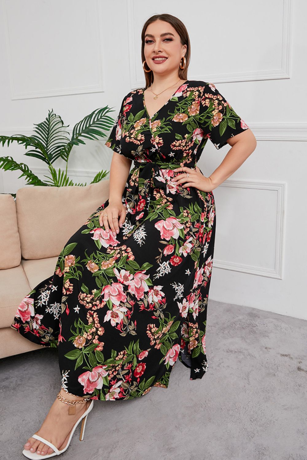 plus size printed surplice short sleeve maxi dress