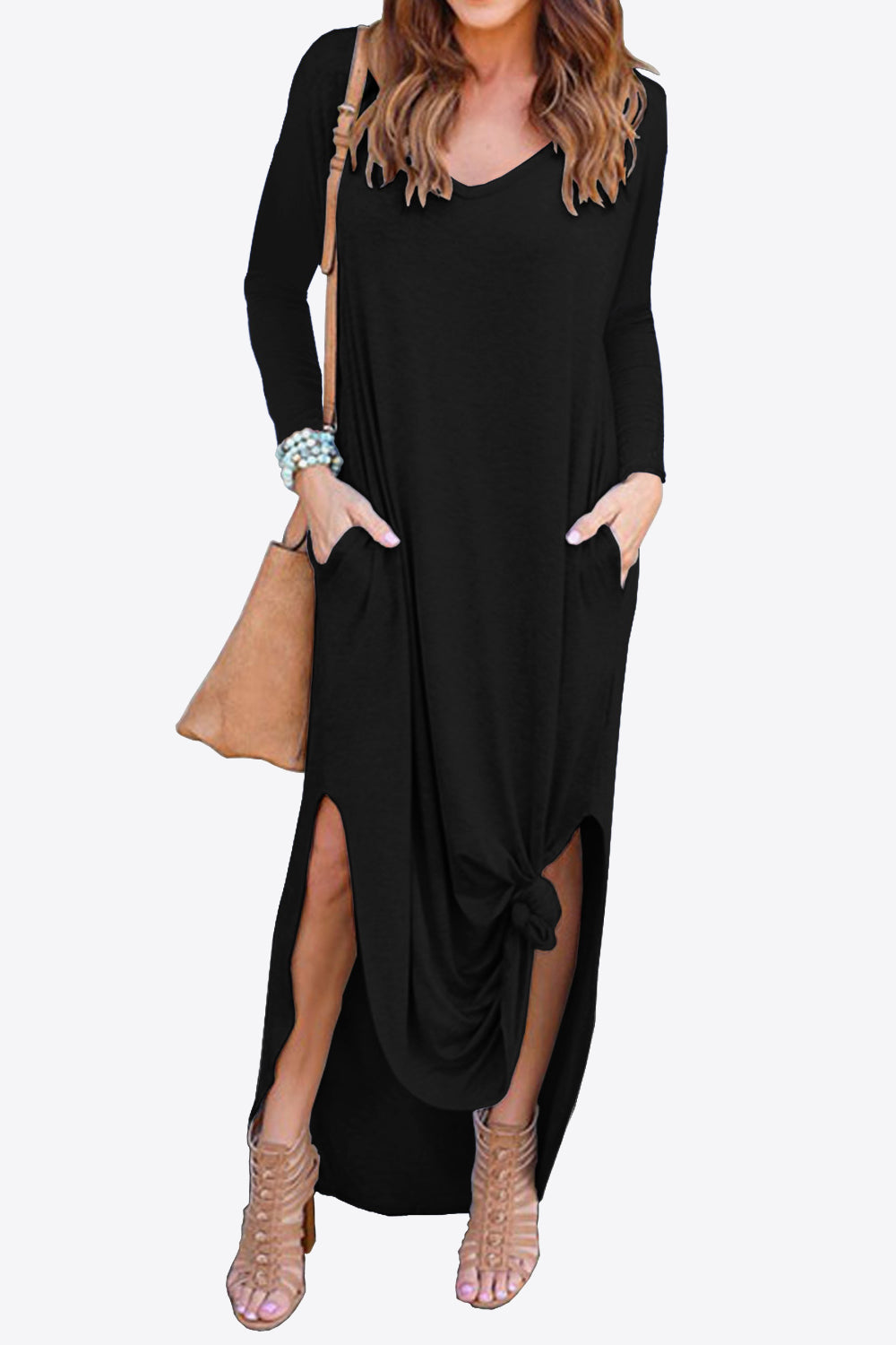 split long sleeve v-neck maxi dress