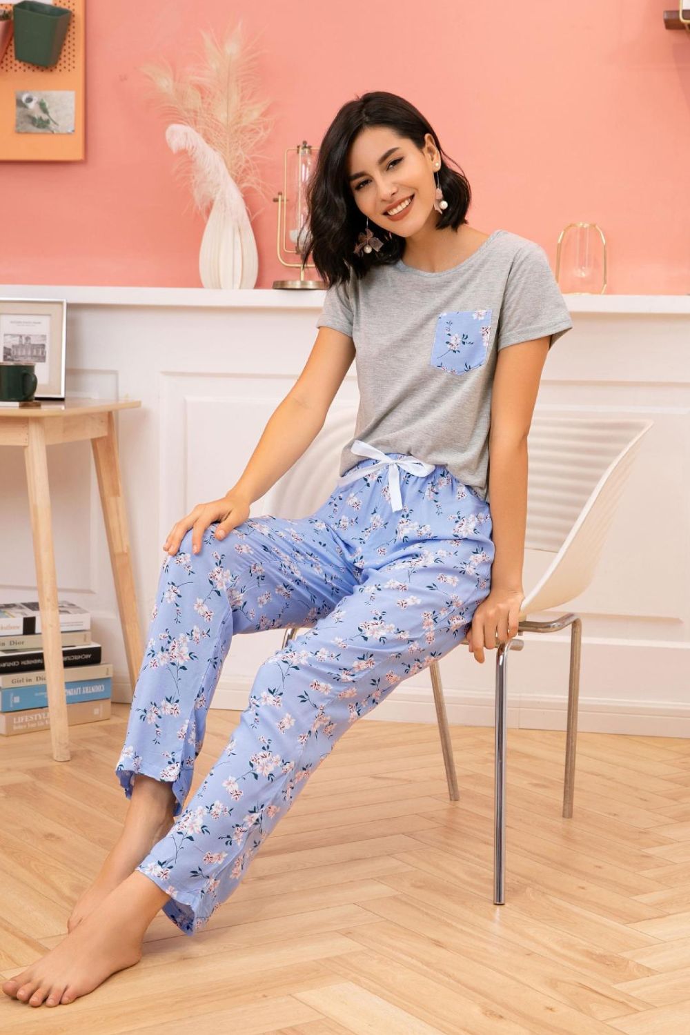 round neck t-shirt and floral pants lounge set