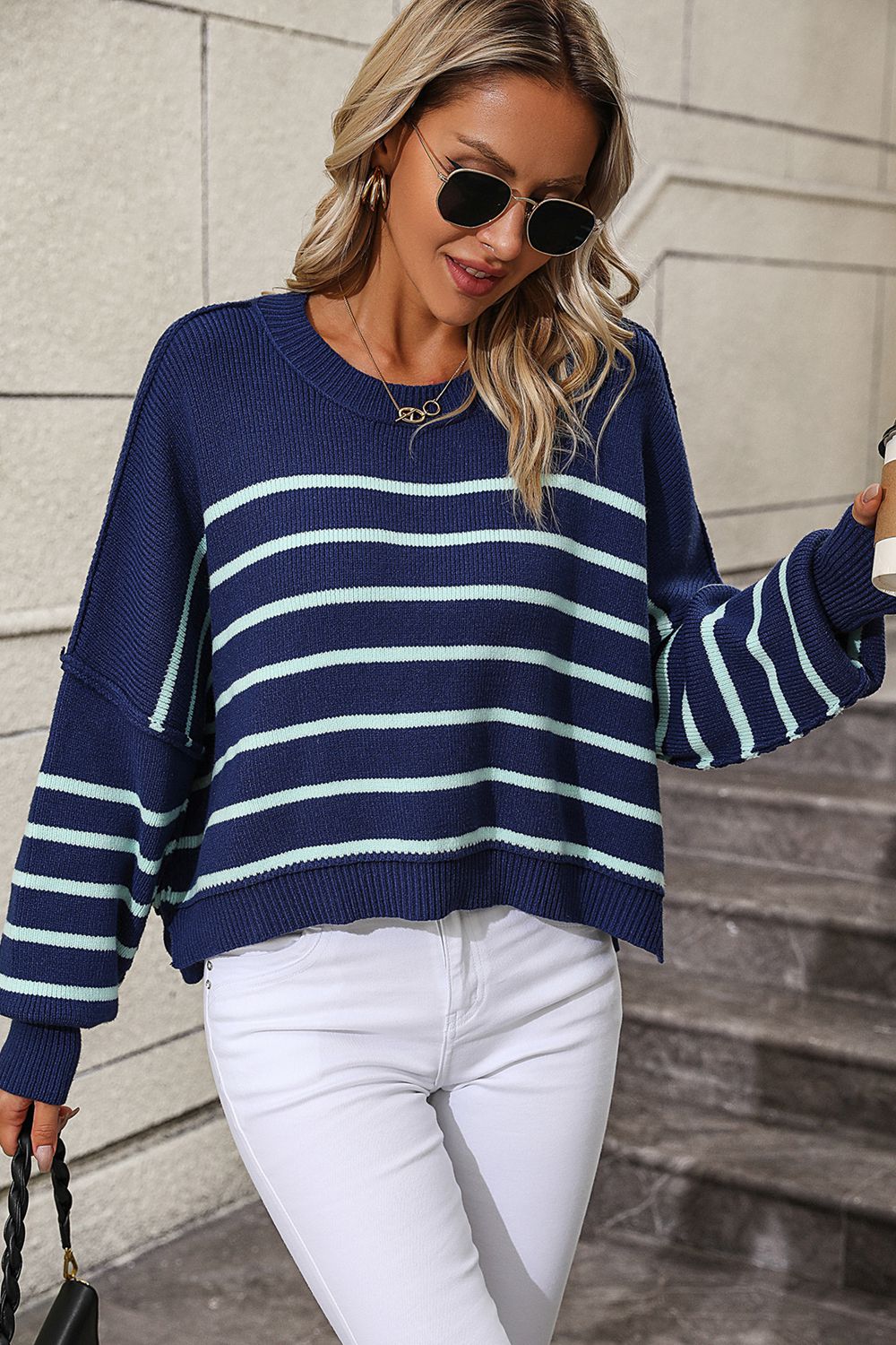 striped dropped shoulder round neck pullover sweater