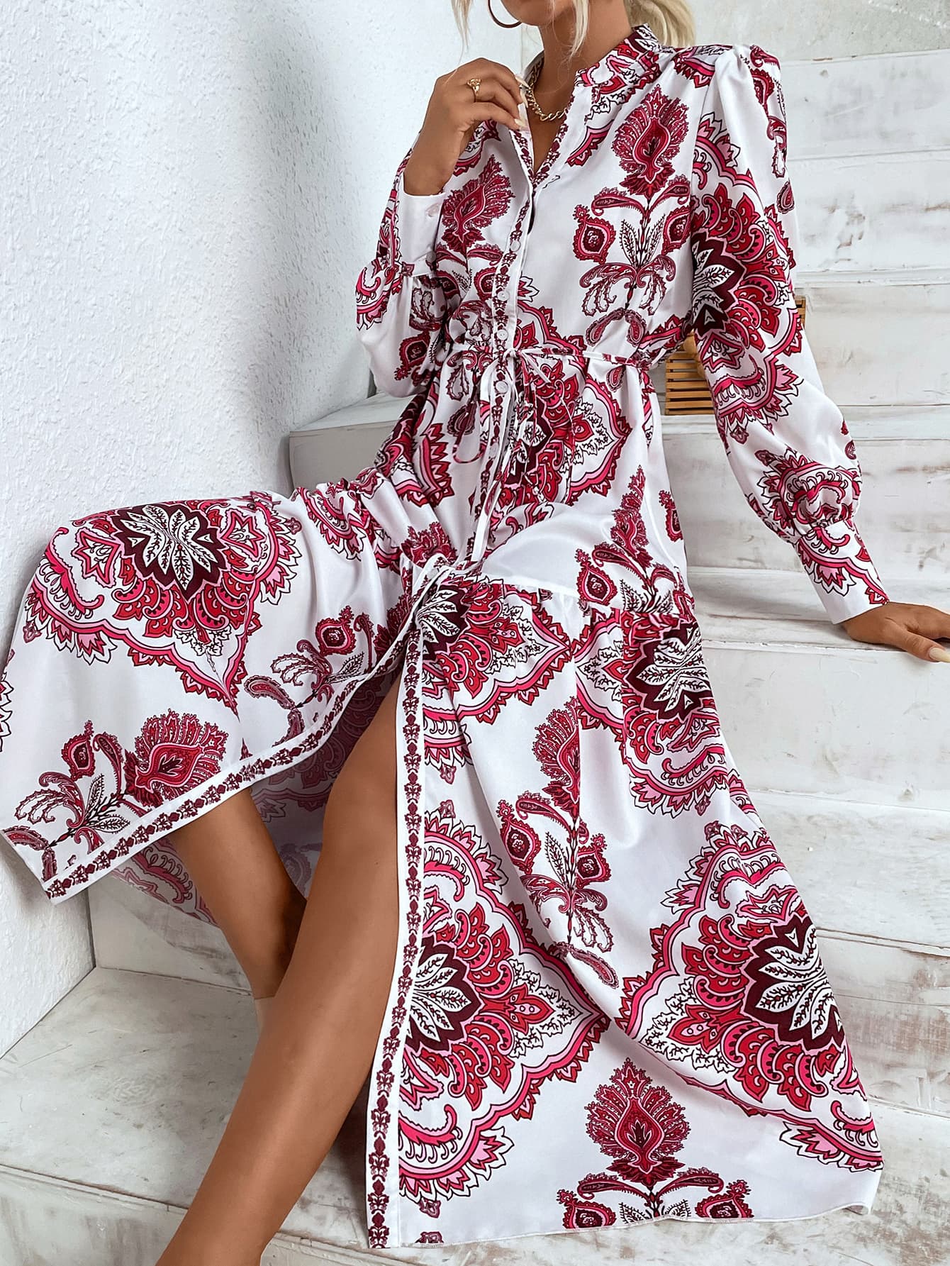 printed tie waist notched neck midi dress