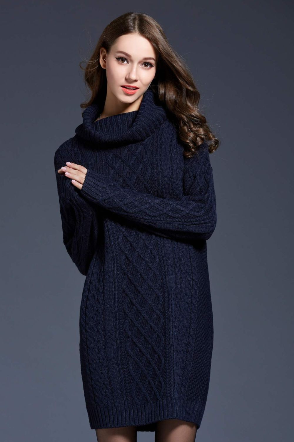 woven right full size mixed knit cowl neck dropped shoulder sweater dress