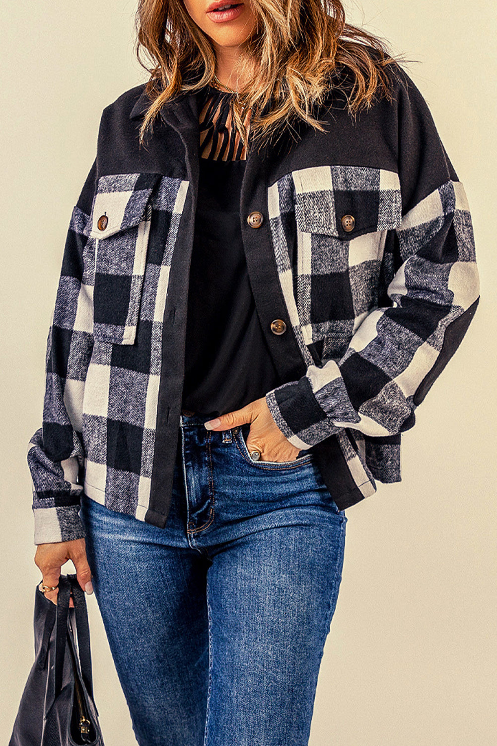 double take plaid button-up shirt jacket with pockets