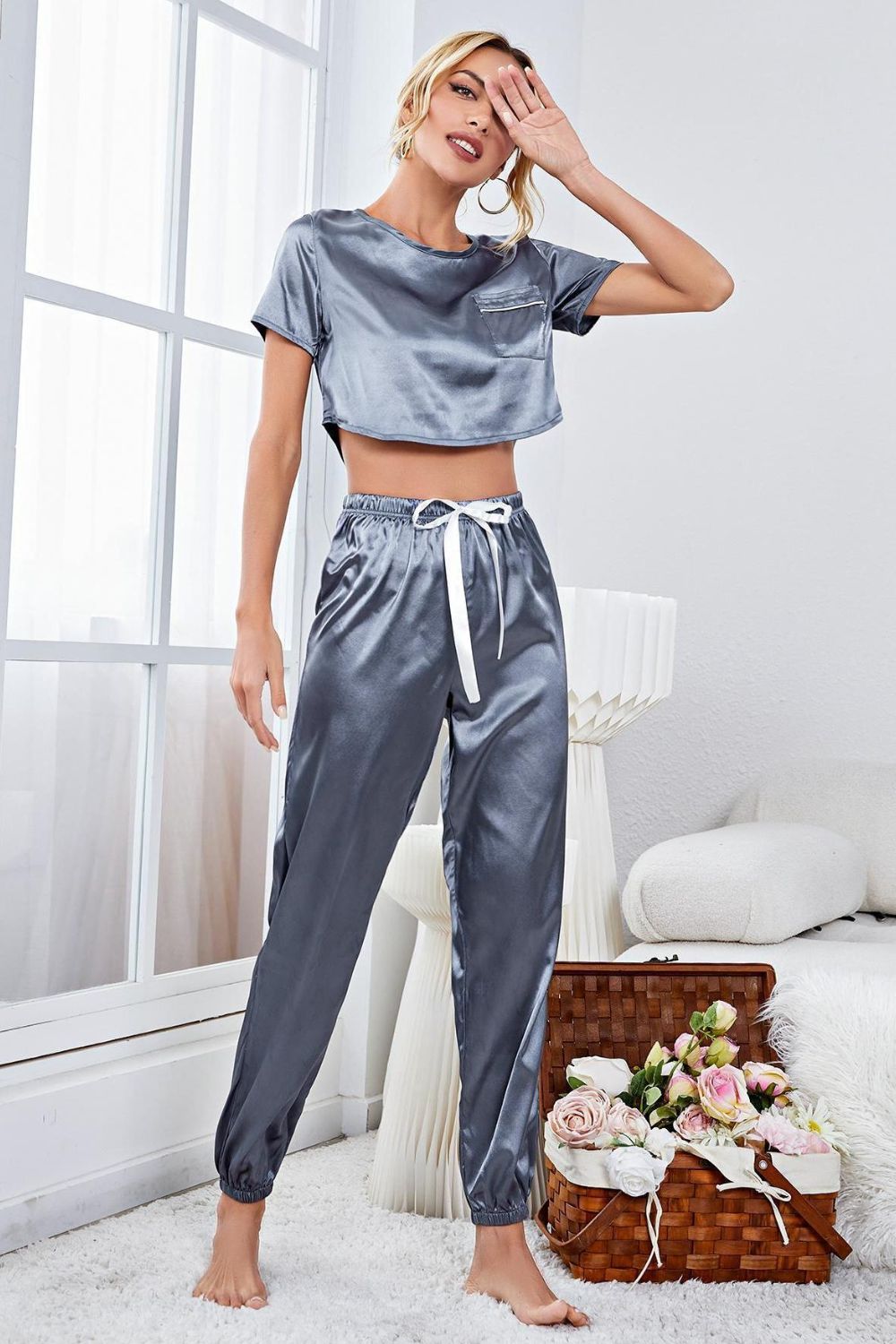 satin short sleeve crop top and joggers lounge set