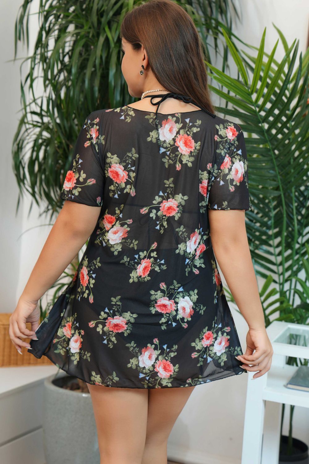 plus size floral slit three-piece swim set