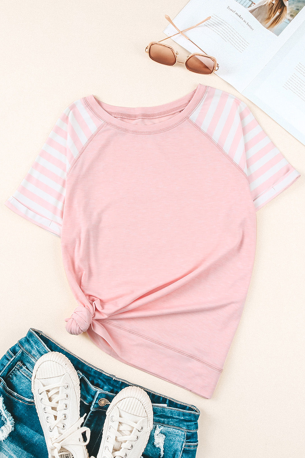 striped round neck raglan sleeve tee