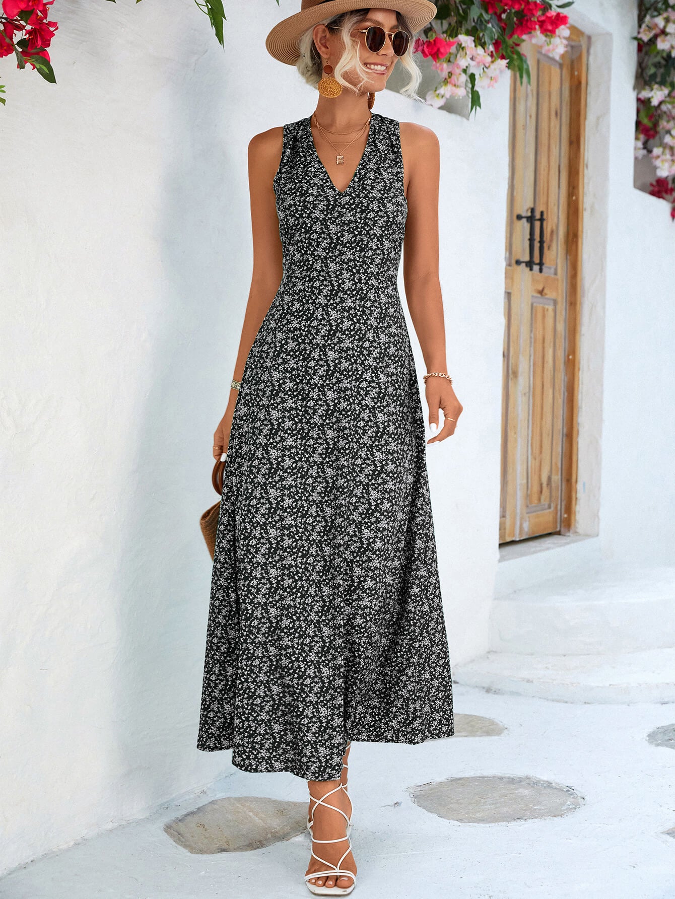 printed open back sleeveless maxi dress