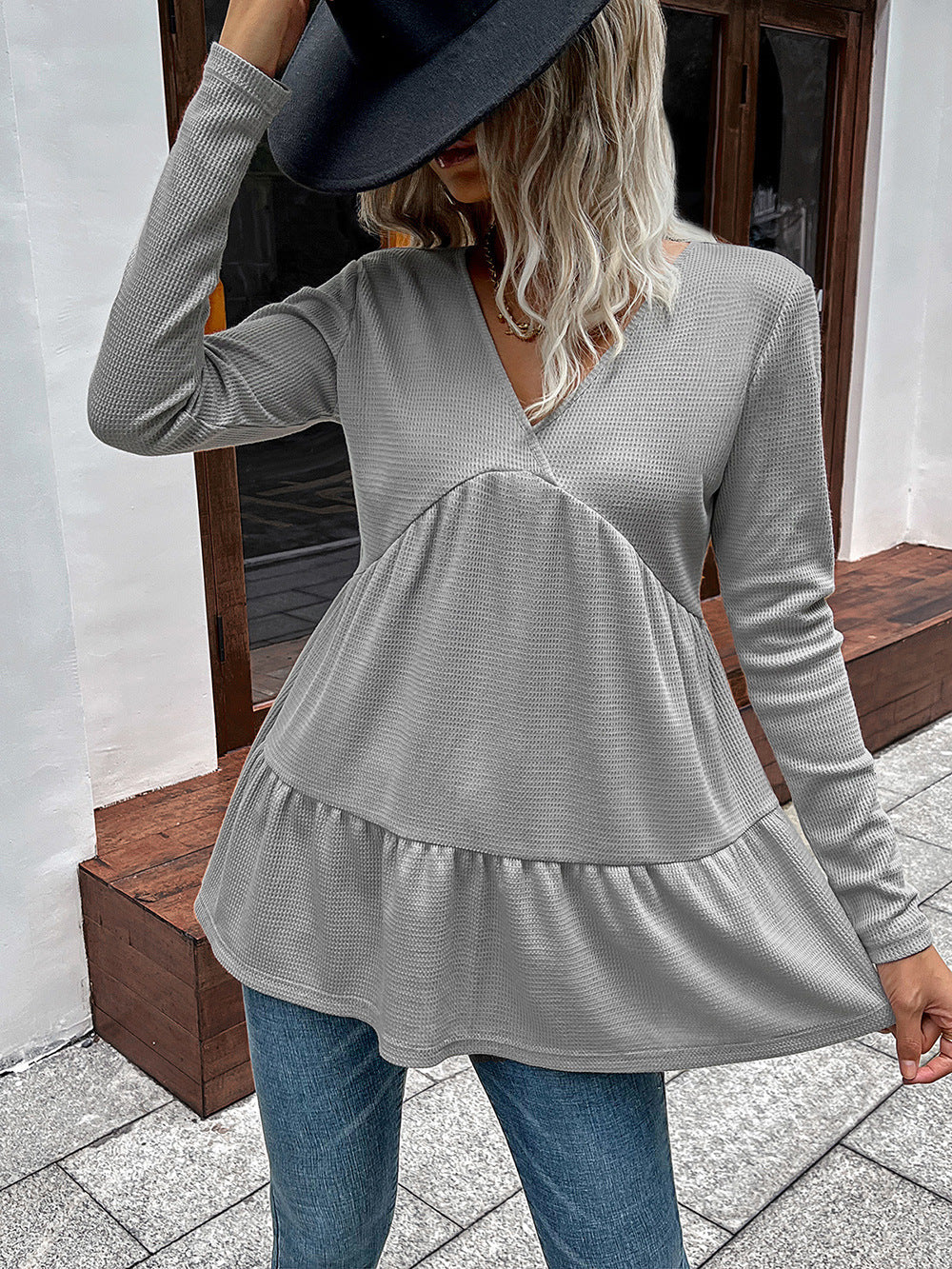 waffle-knit v-neck long sleeve blouse