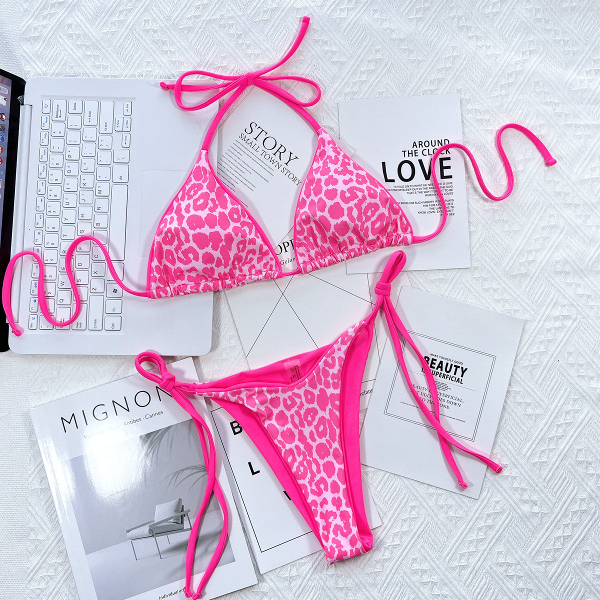 leopard print halter neck tie side bikini set
