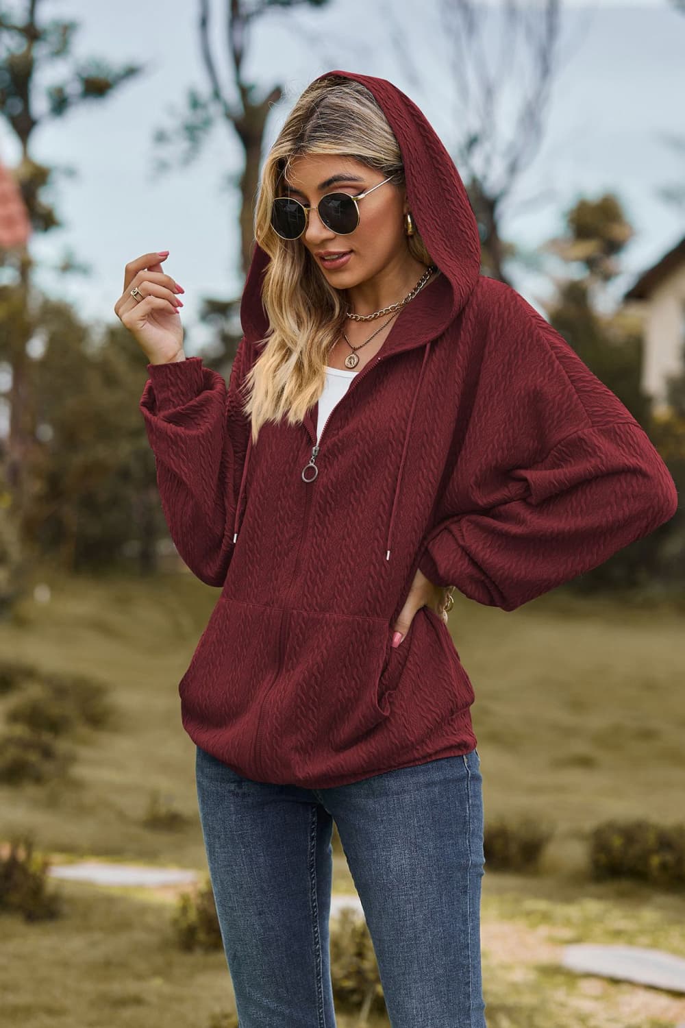 cable-knit long sleeve hooded jacket