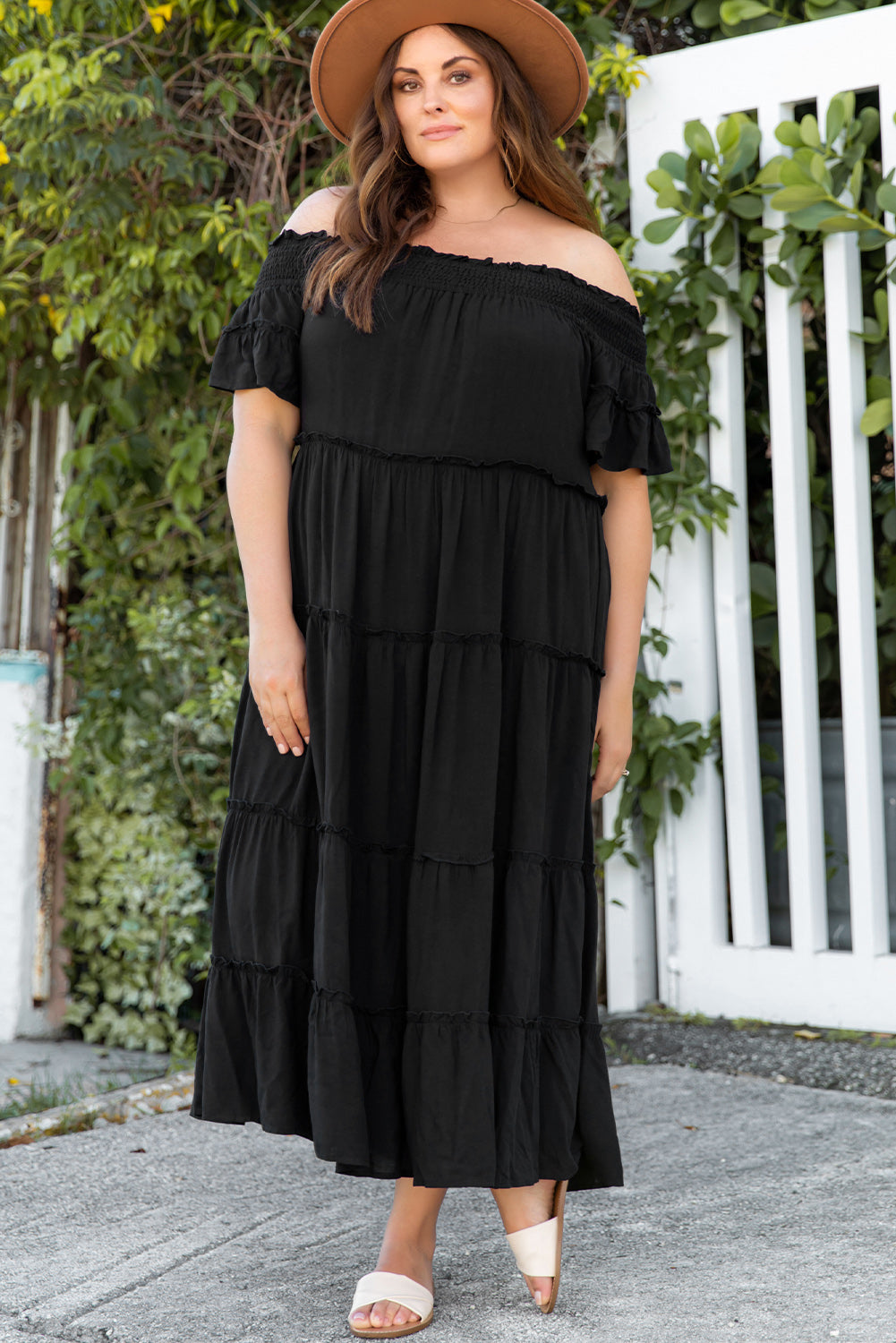 plus size off-shoulder ruffle trim maxi dress