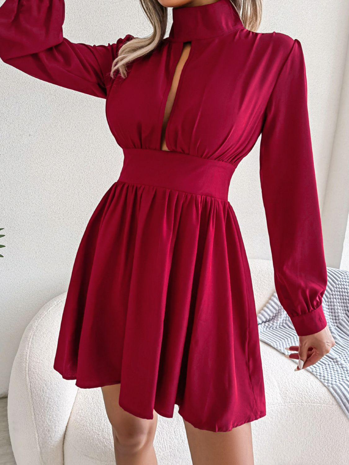 cutout turtleneck a-line mini dress