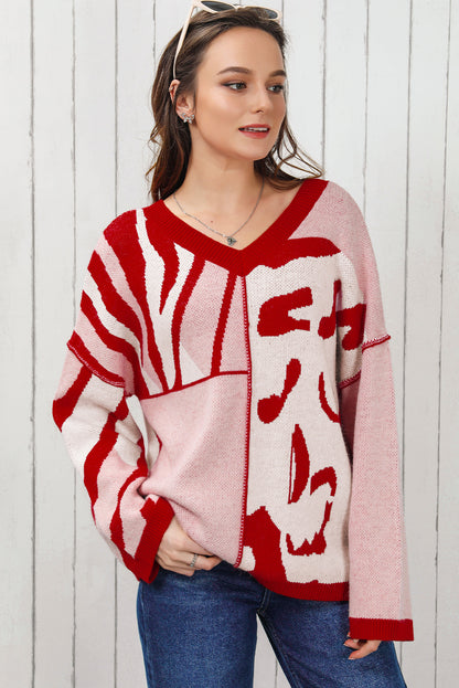 V-Neck Printed Dropped Shoulder Sweater