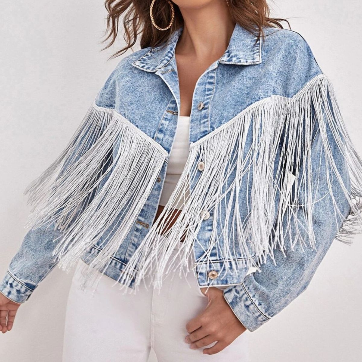 fringe detail collared neck long sleeve denim jacket