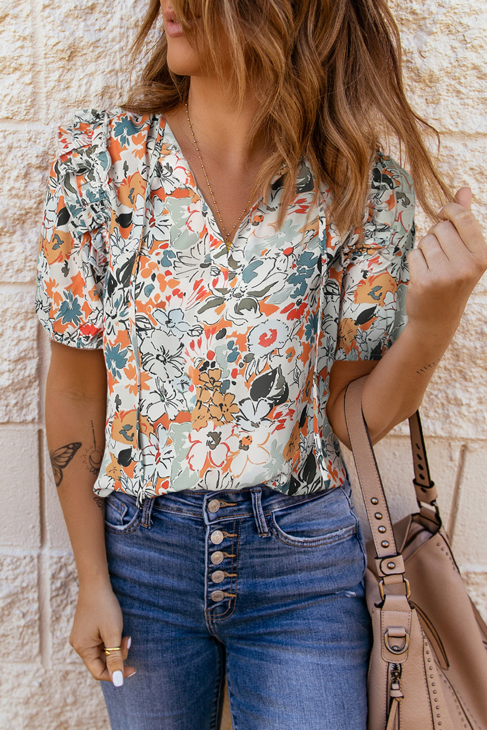 floral tie neck shoulder detail blouse