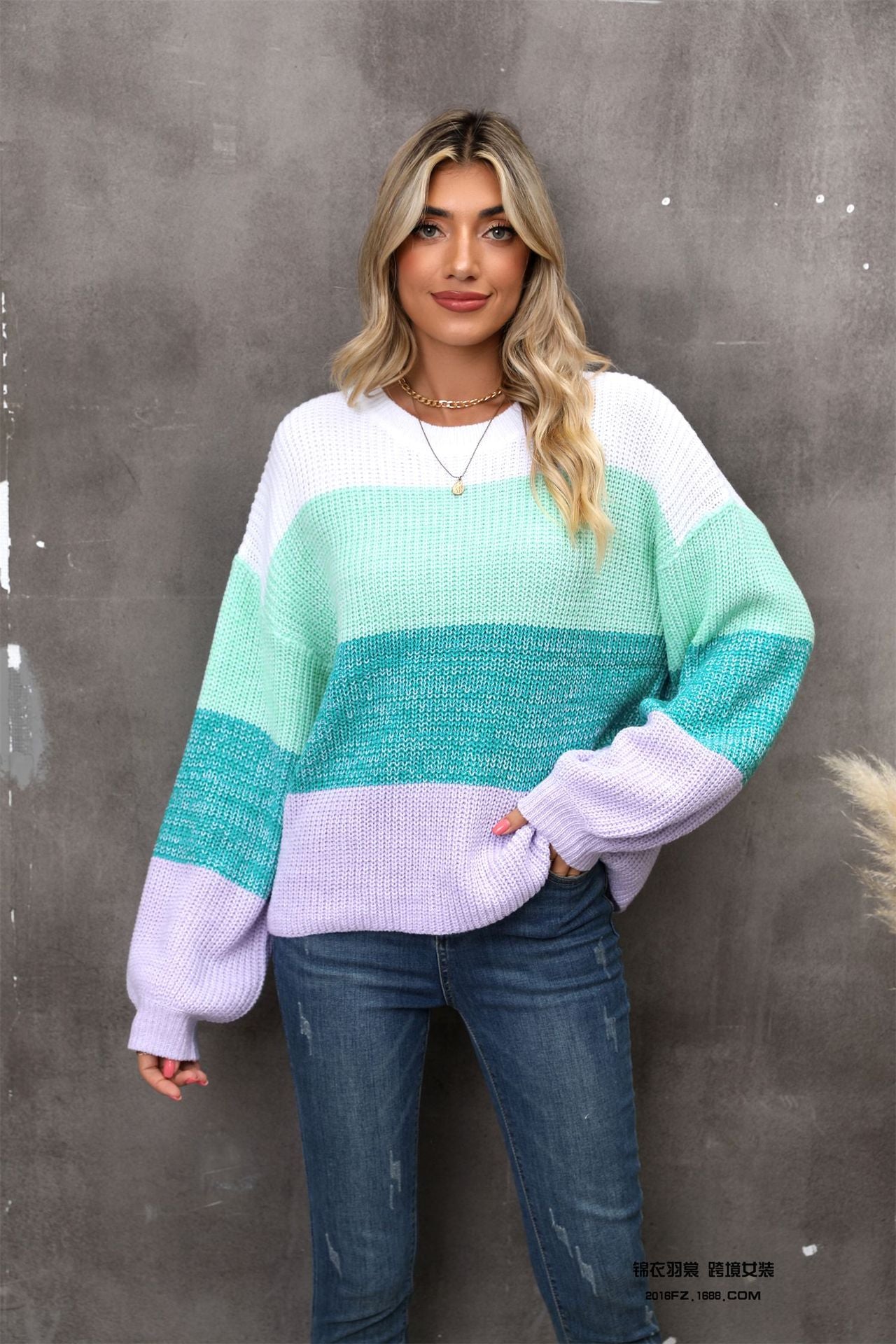 color block round neck dropped shoulder sweater