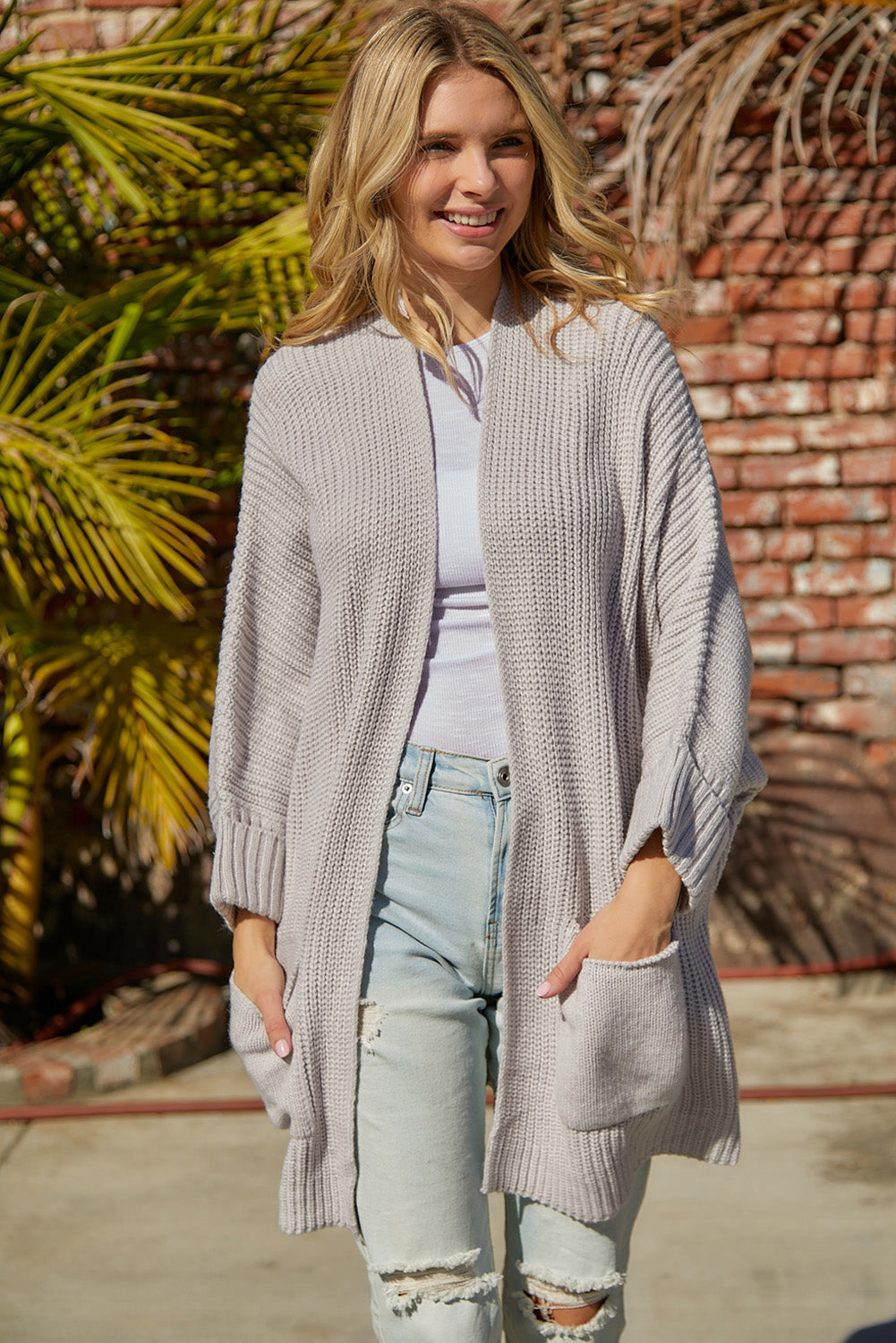 waffle-knit long sleeve cardigan with pocket