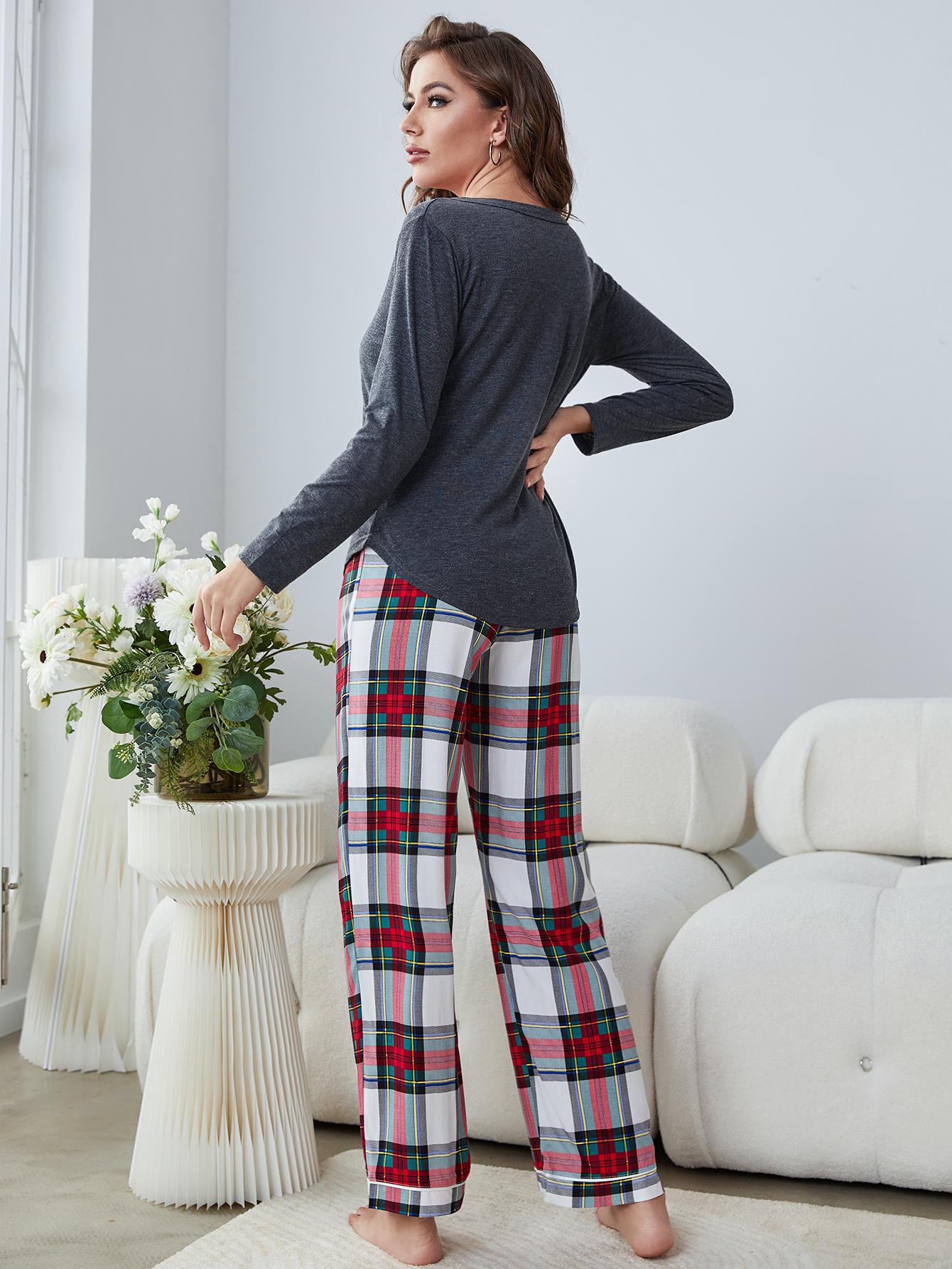 buttoned long sleeve top and plaid pants lounge set