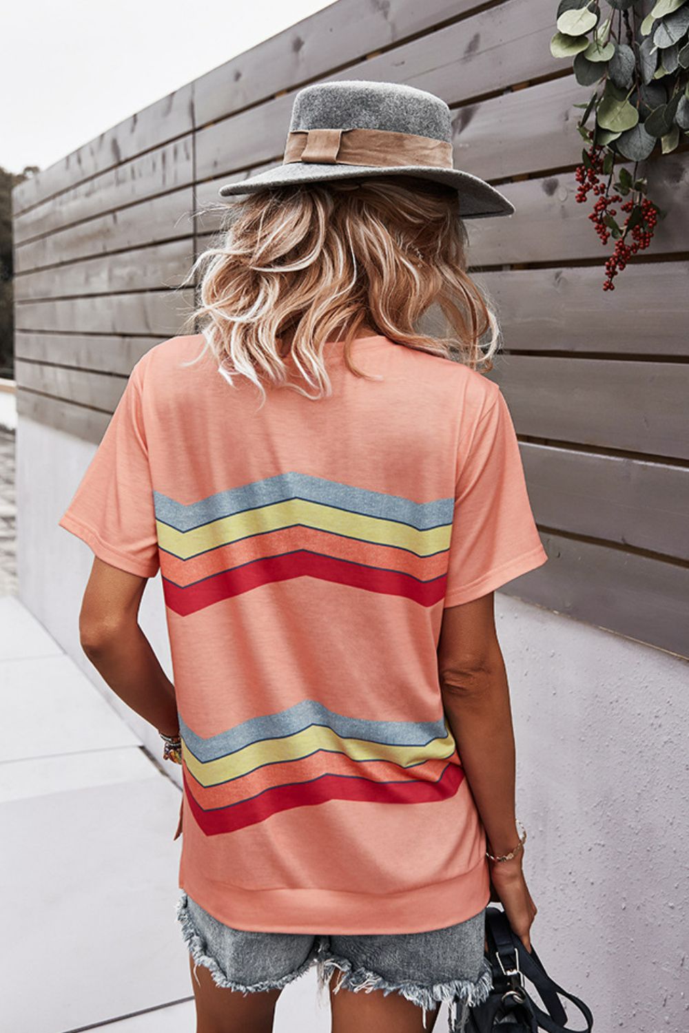 multicolored chevron stripe round neck side slit t-shirt