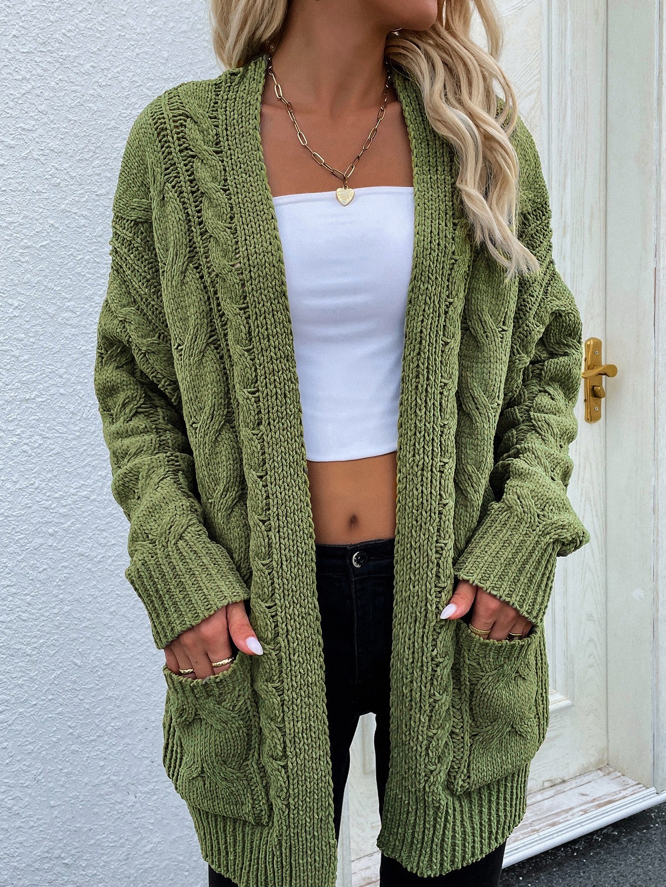 woven right cable-knit open front cardigan with front pockets