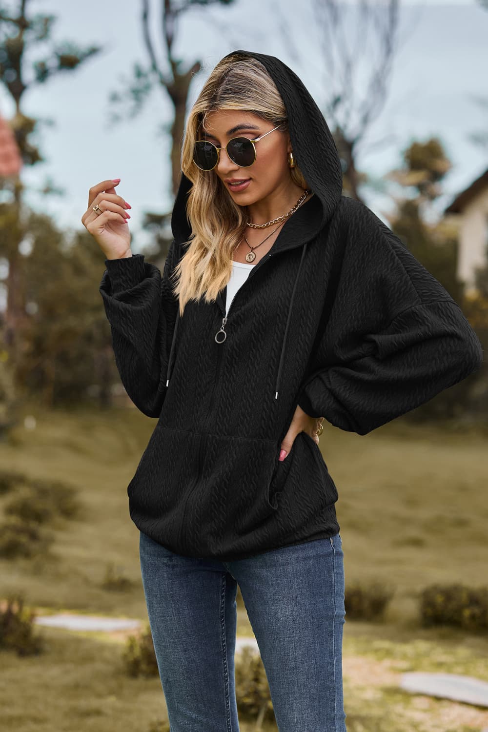 cable-knit long sleeve hooded jacket