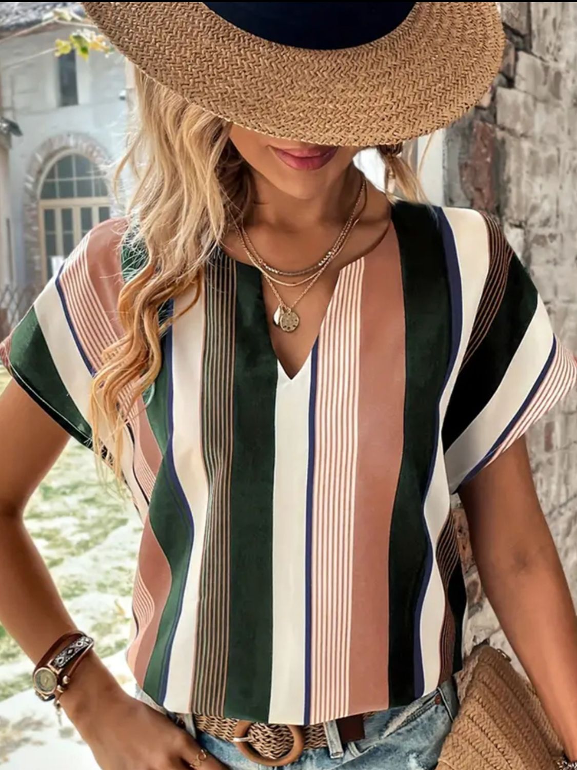 striped notched neck short sleeve blouse