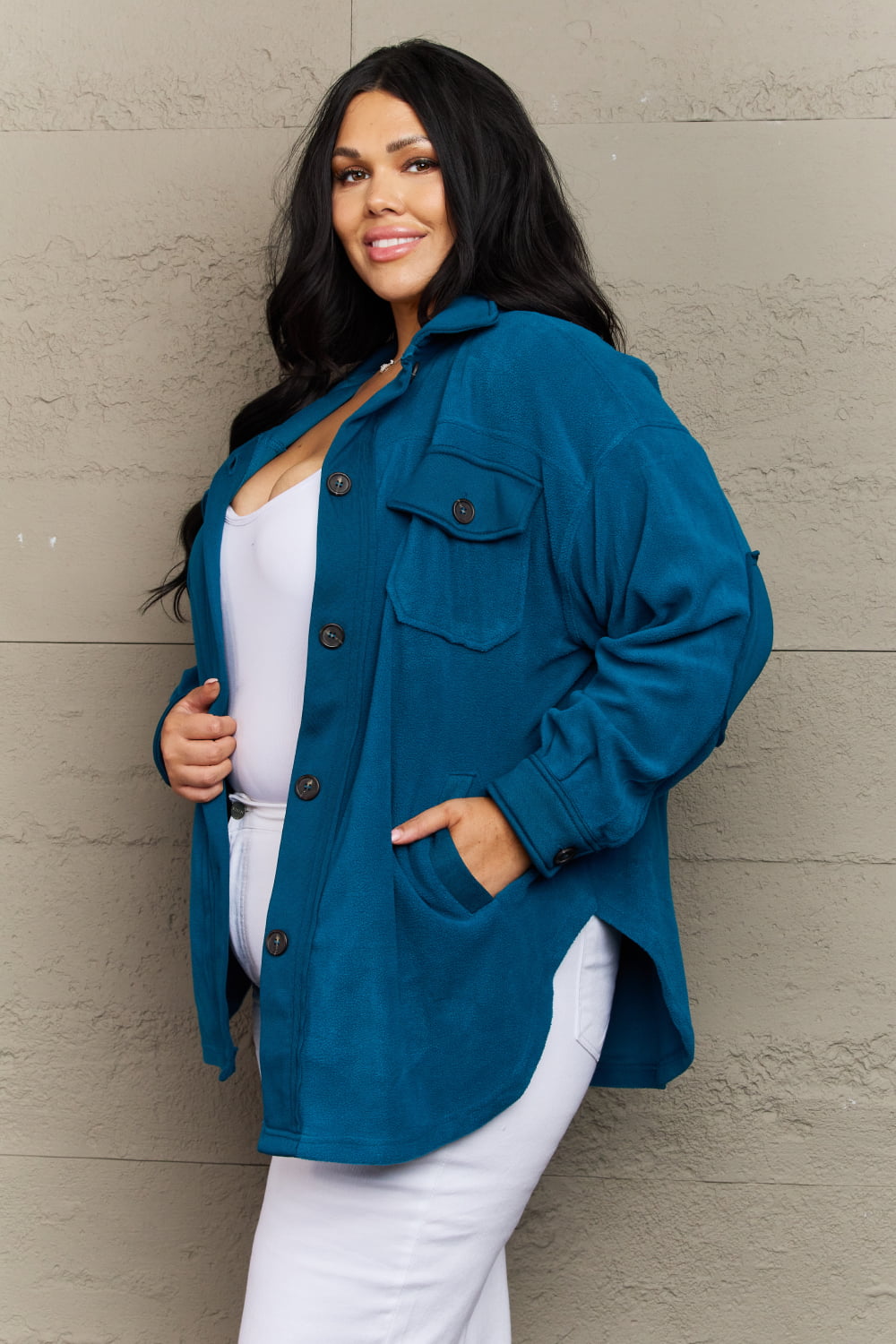 zenana cozy in the cabin full size fleece elbow patch shacket in teal